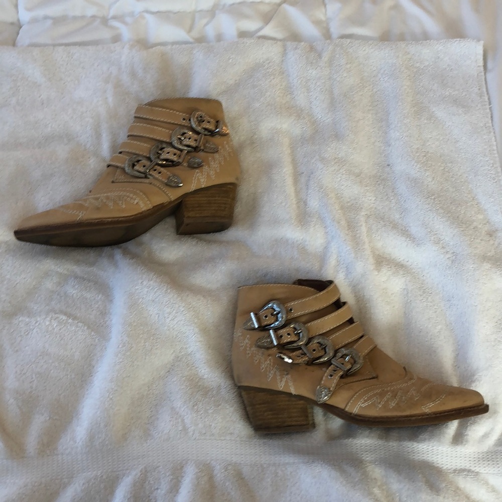 Jeffrey Campbell silver and tan buckle booties